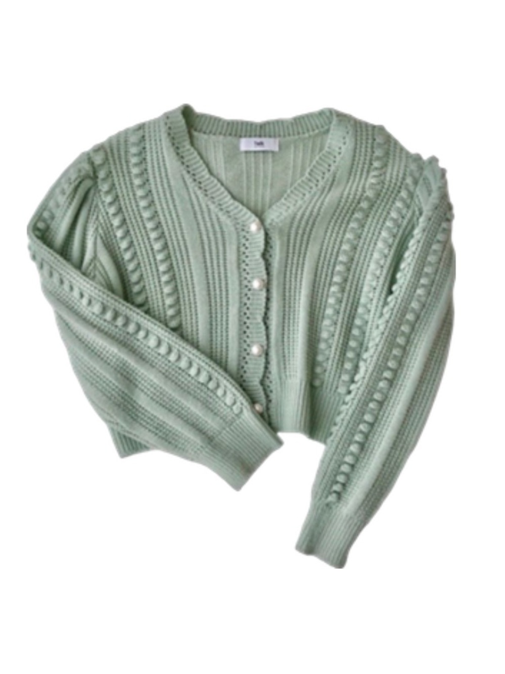 TWIK Pompoms and Pearly Buttons Open Knit Puff Shoulder Cardigan